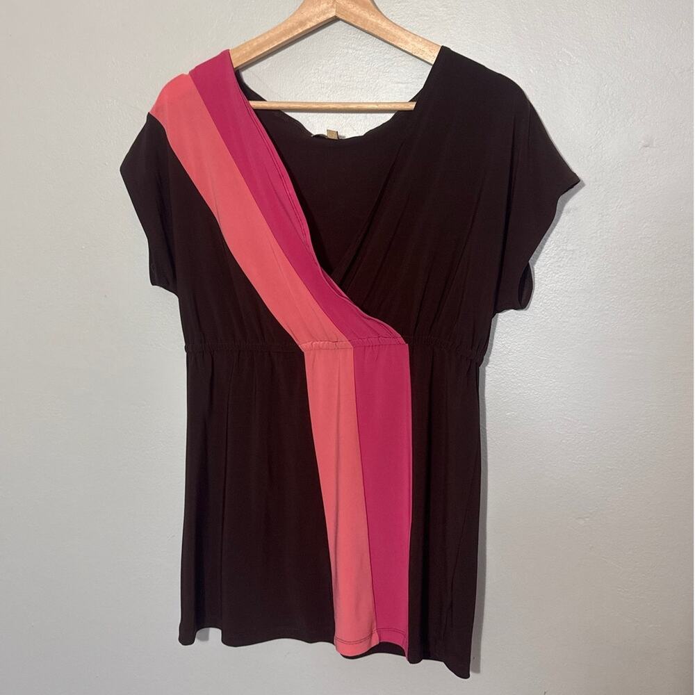 Women's Size M Vintage Y2K Notations Brown Pink Baby Doll Long Blouse Stripe Top
